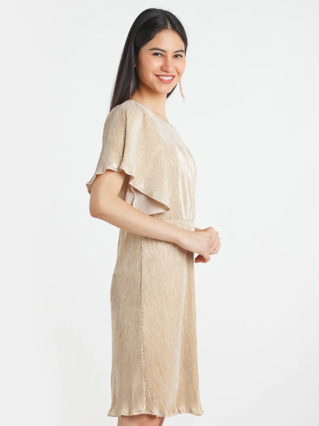 Golden Striped Fit and Flare Short Dress - Image 3