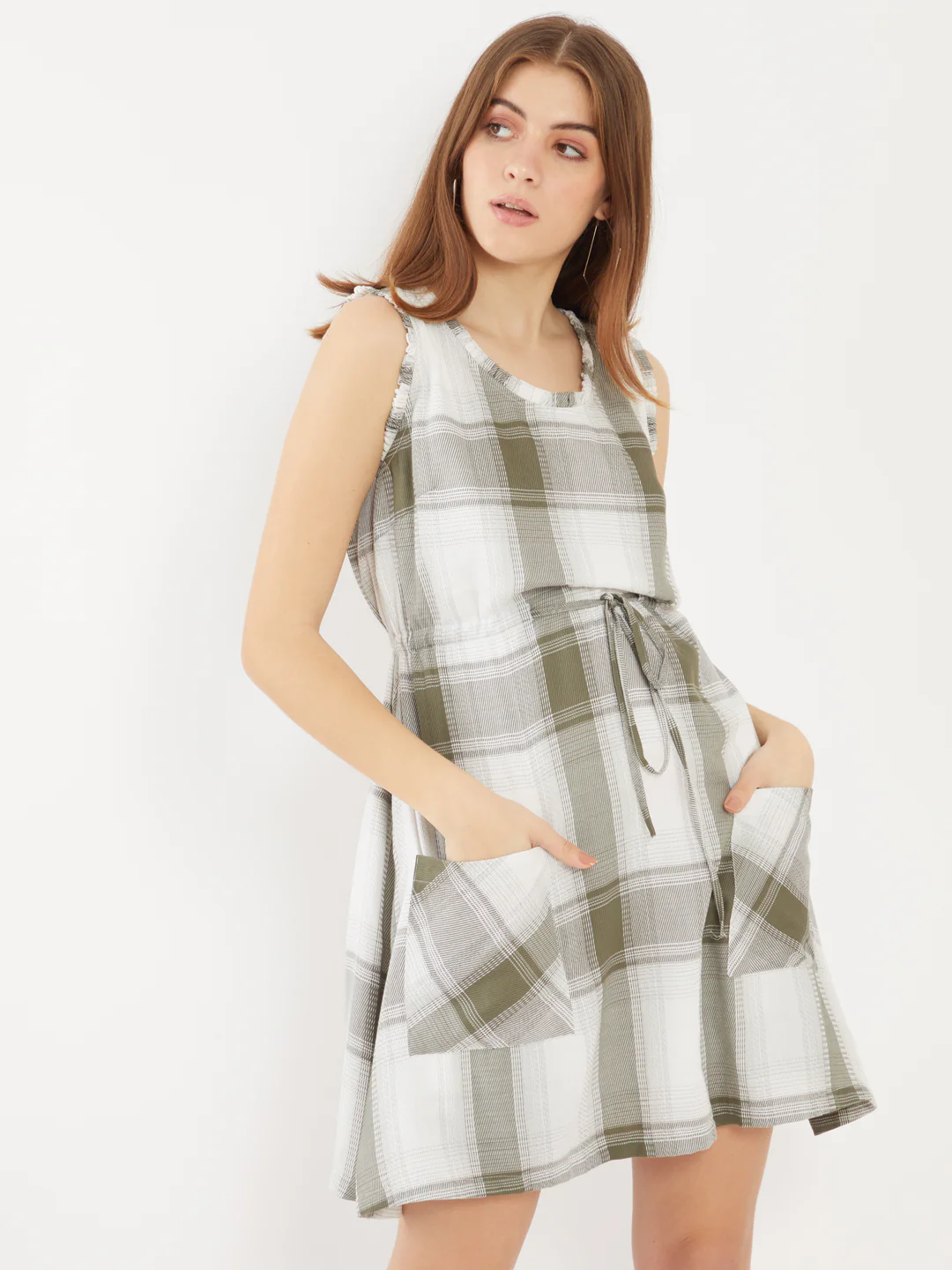 Green Checked Pleated Short Dress