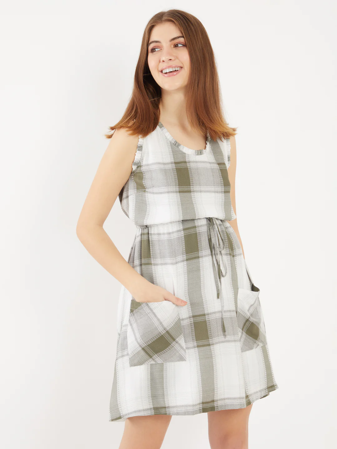 Green Checked Pleated Short Dress - Image 2