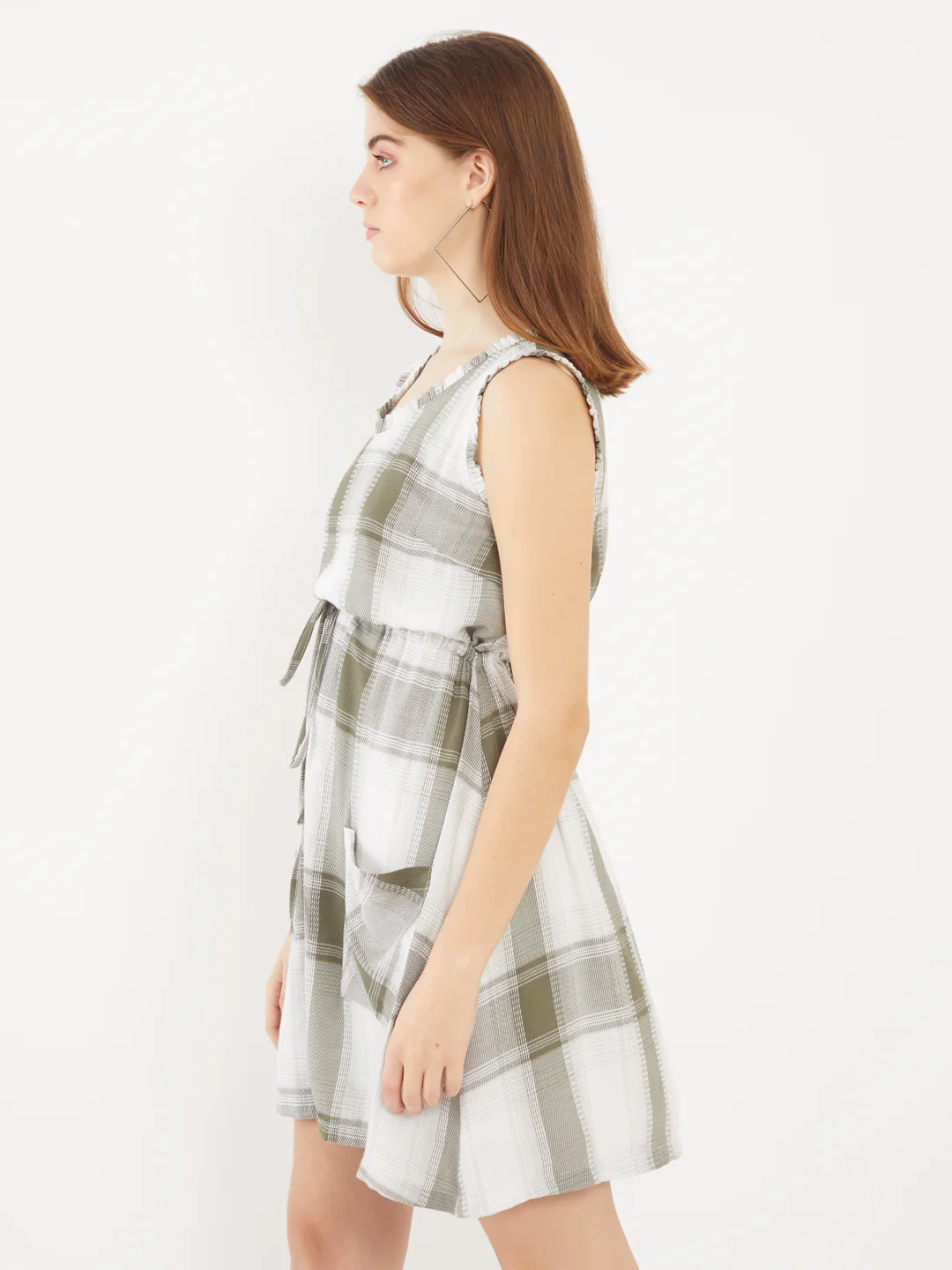 Green Checked Pleated Short Dress - Image 3