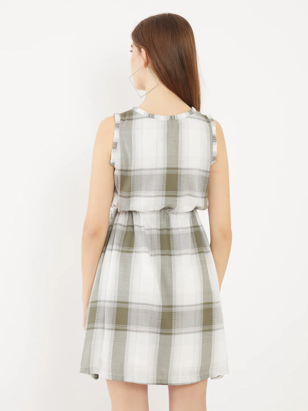 Green Checked Pleated Short Dress - Image 4