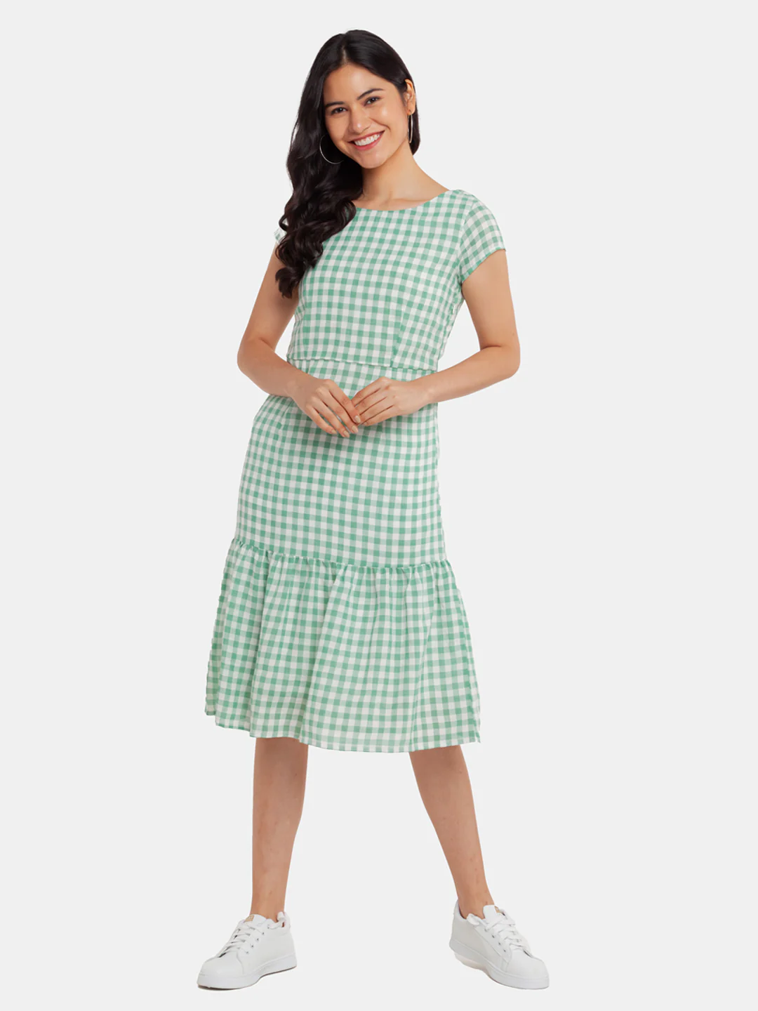 Green Checked Tiered Midi Dress - Image 2