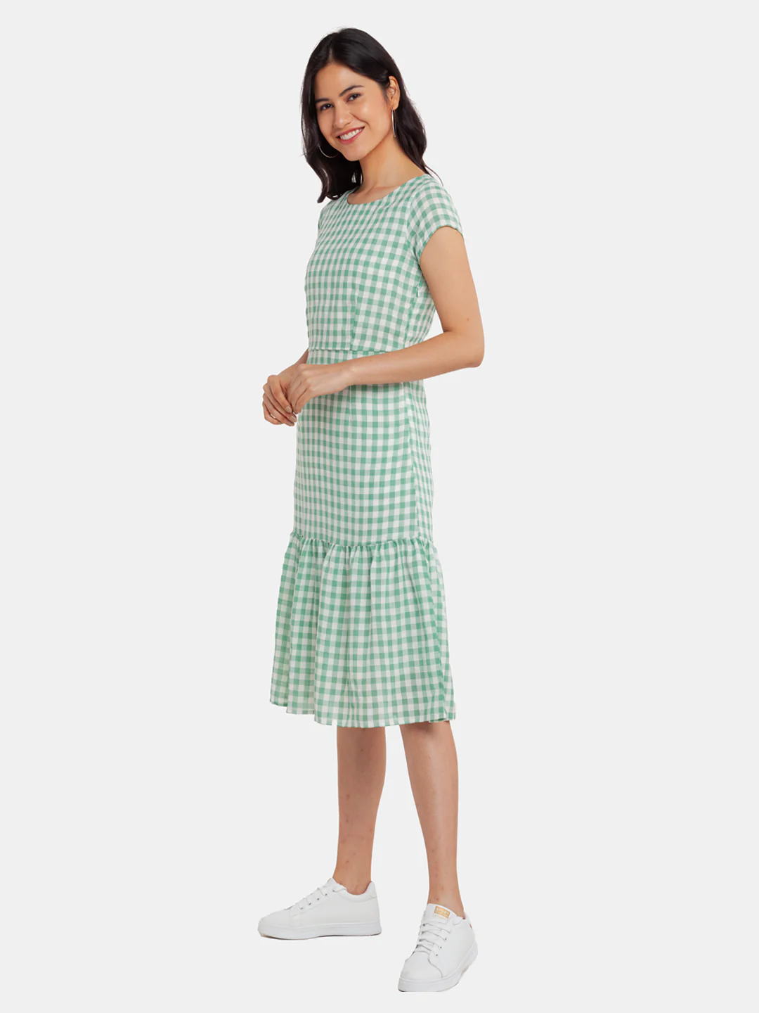 Green Checked Tiered Midi Dress - Image 3