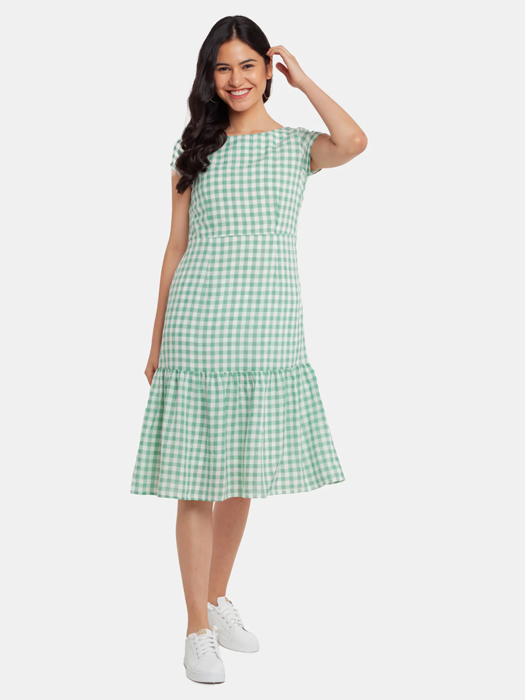 Green Checked Tiered Midi Dress - Image 4