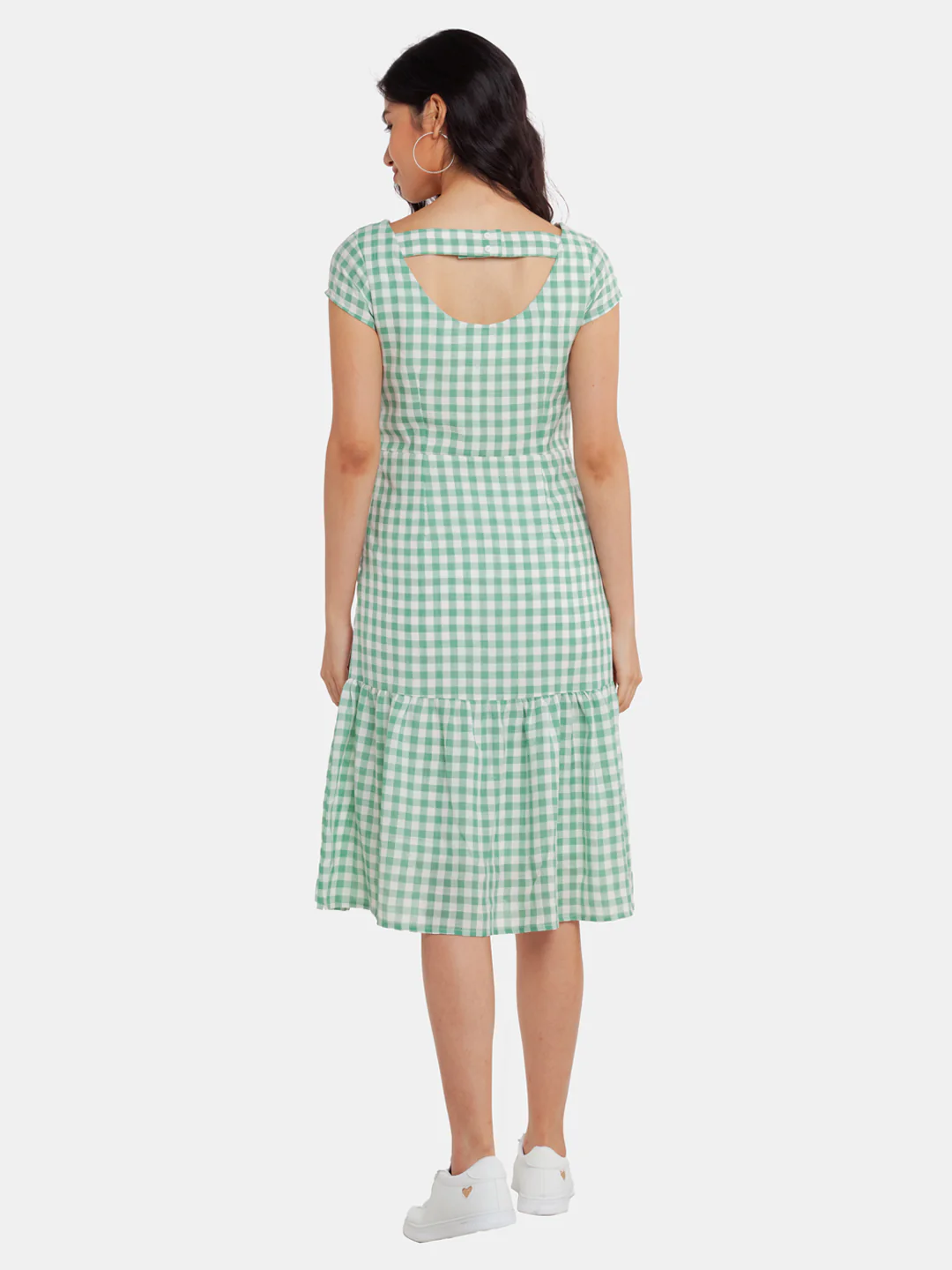Green Checked Tiered Midi Dress - Image 5