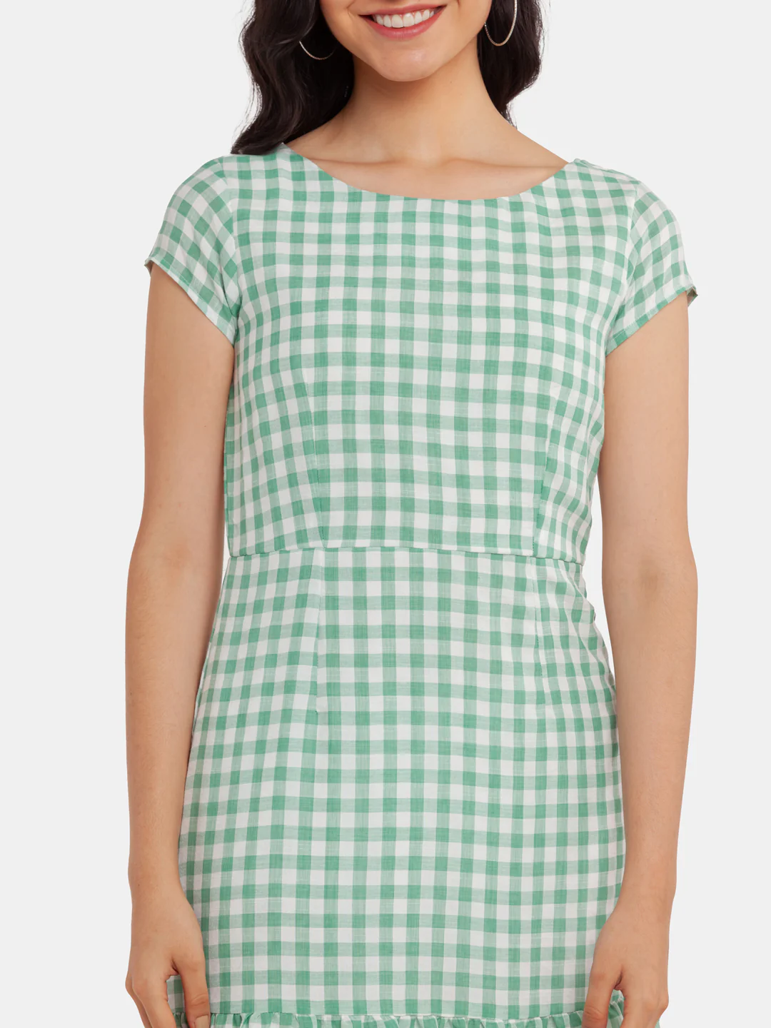 Green Checked Tiered Midi Dress - Image 6