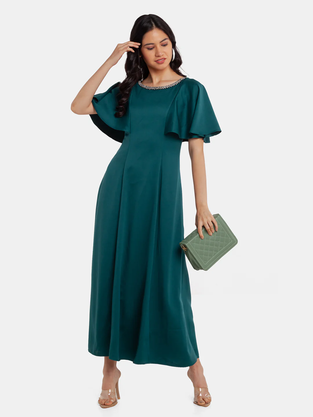 Green Embellished Flared Sleeve Maxi Dress - Image 5