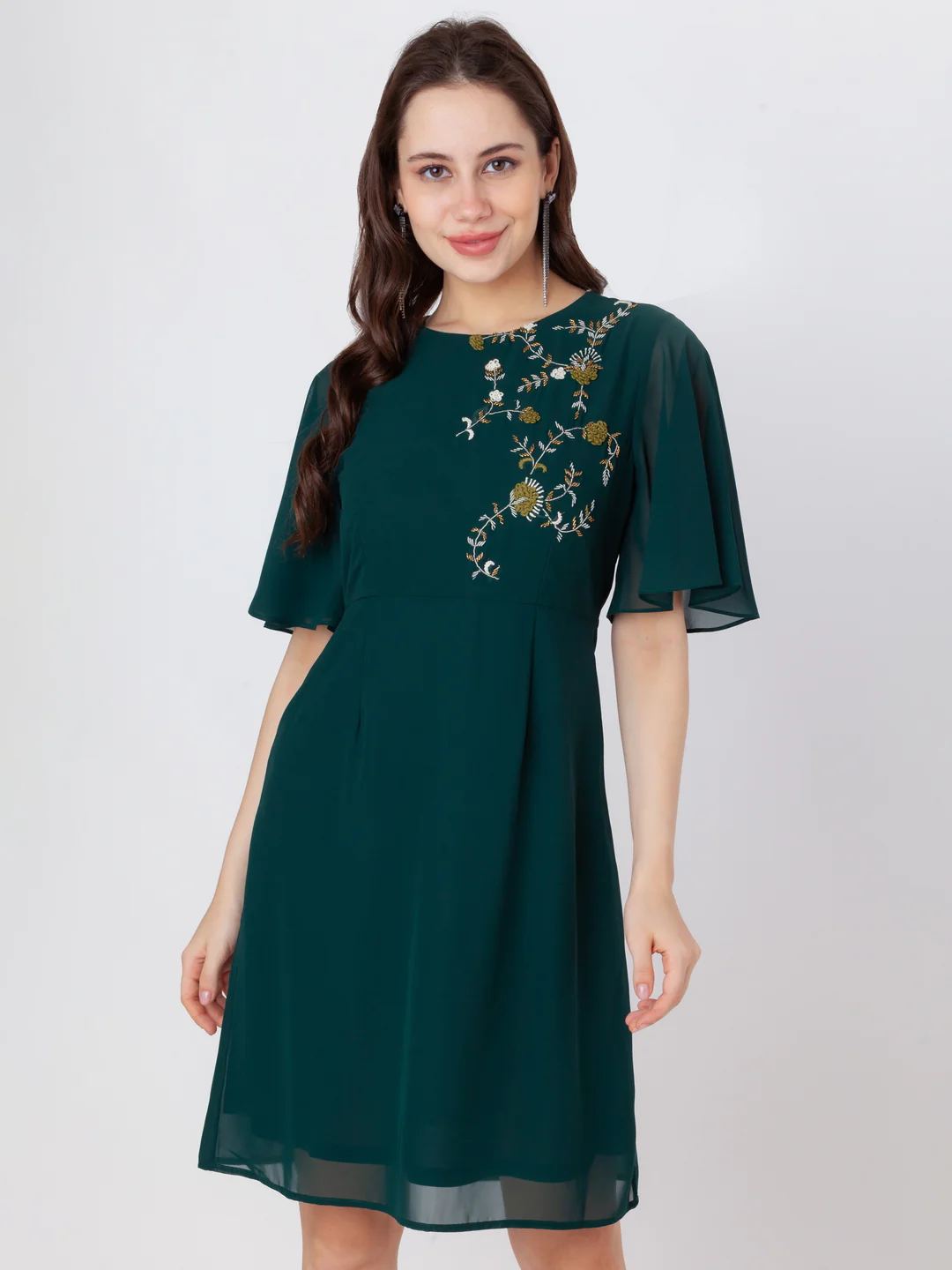 Green Embroidered A-Line Short Dress - Image 2