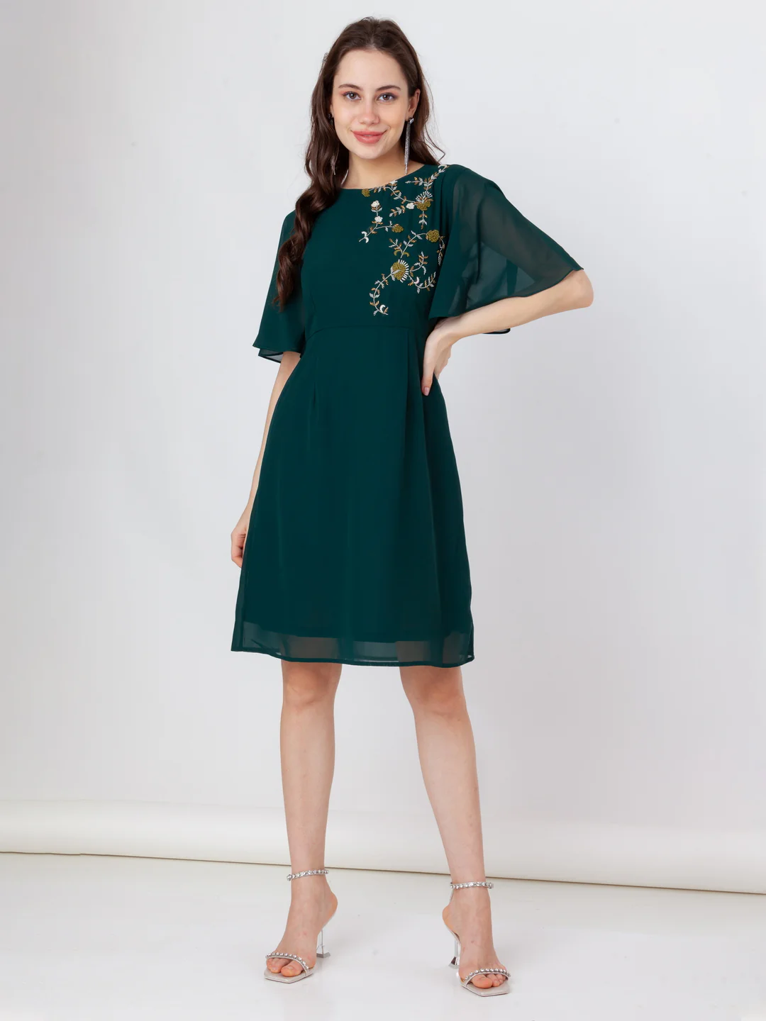 Green Embroidered A-Line Short Dress - Image 5