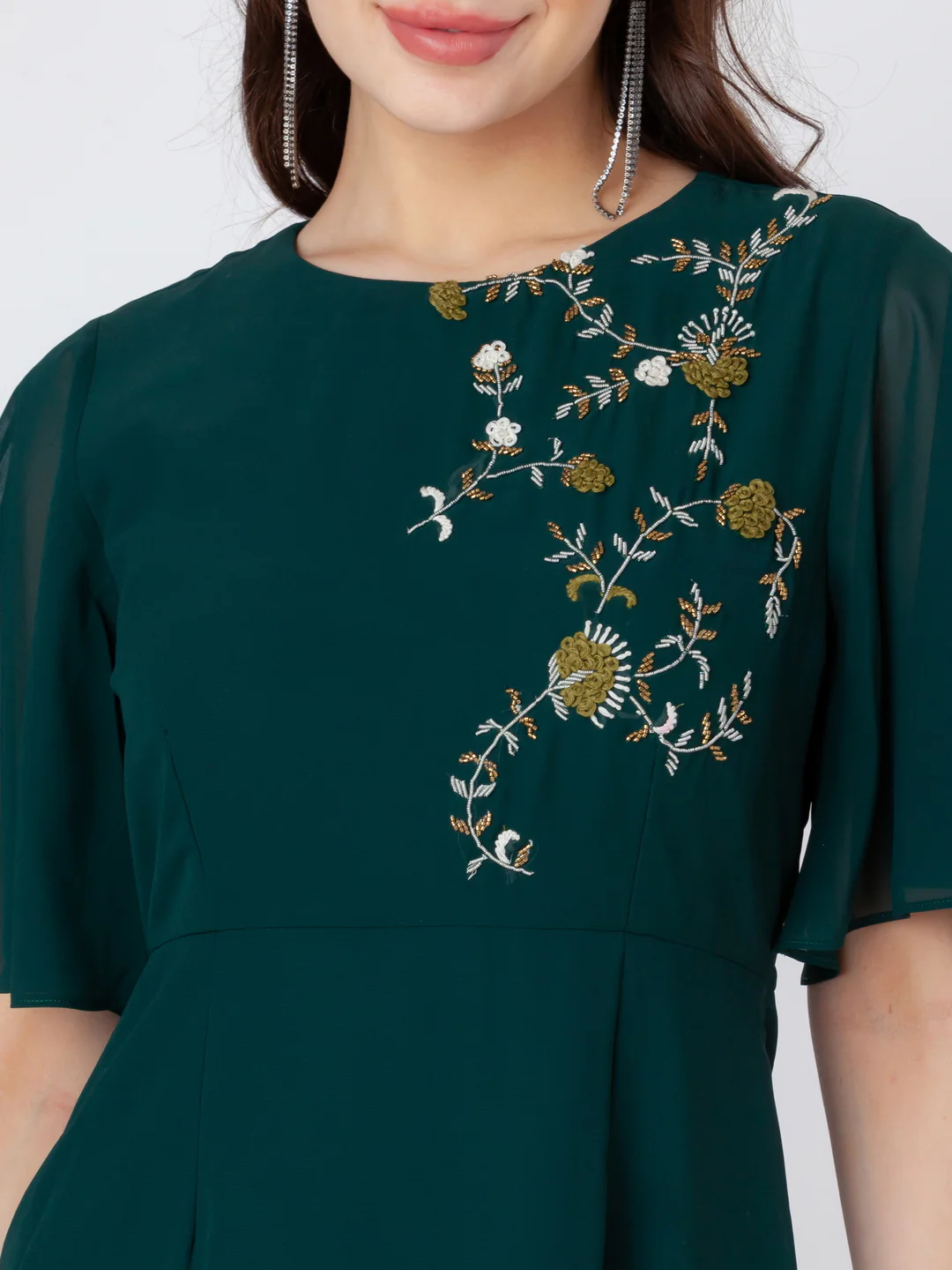 Green Embroidered A-Line Short Dress - Image 6