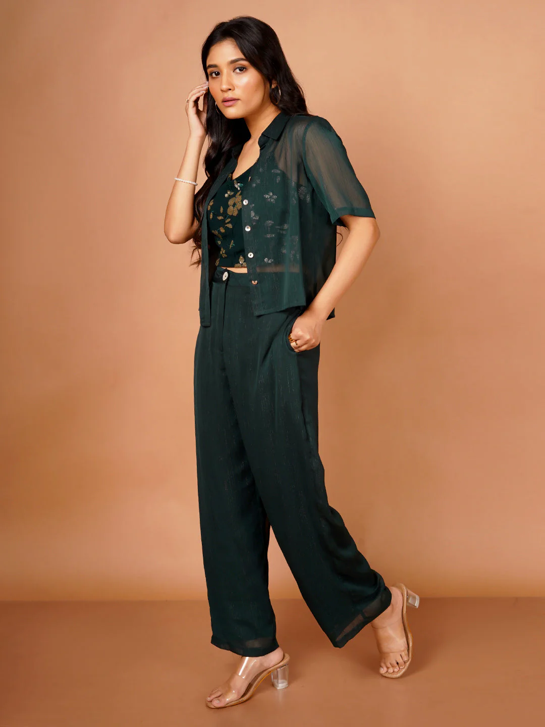 Green Embroidered Basic 3-Piece Co-Ord Set - Image 3
