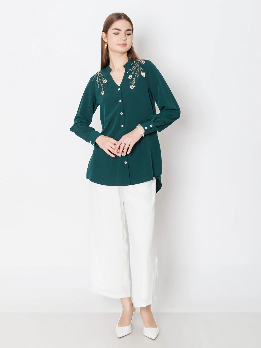 Green Embroidered Basic Shirt