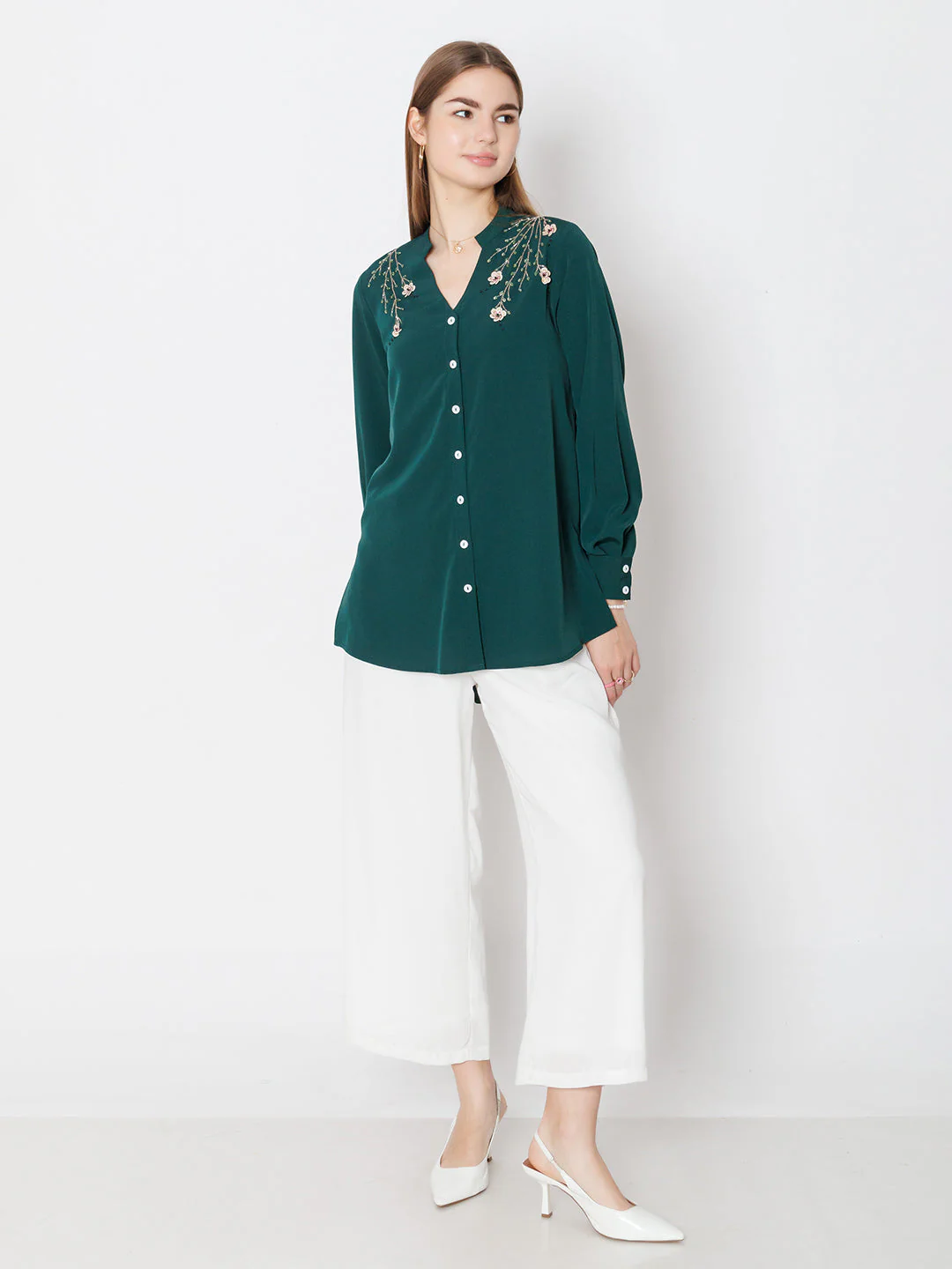 Green Embroidered Basic Shirt - Image 5