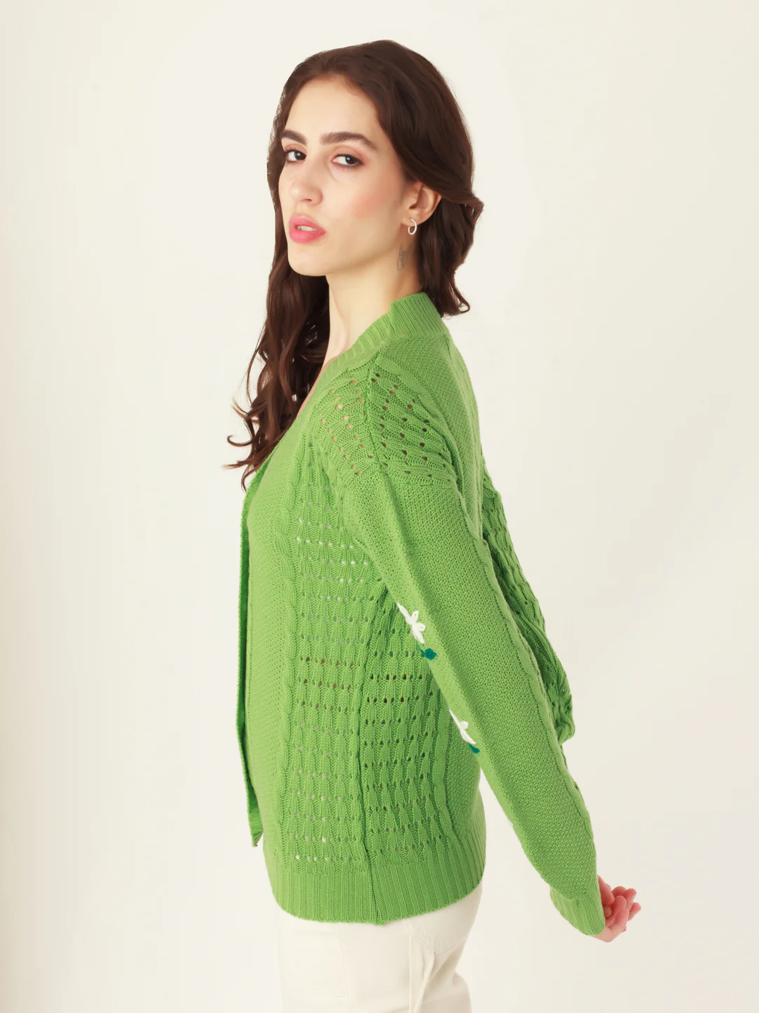Green Embroidered Buttoned Sweater - Image 3