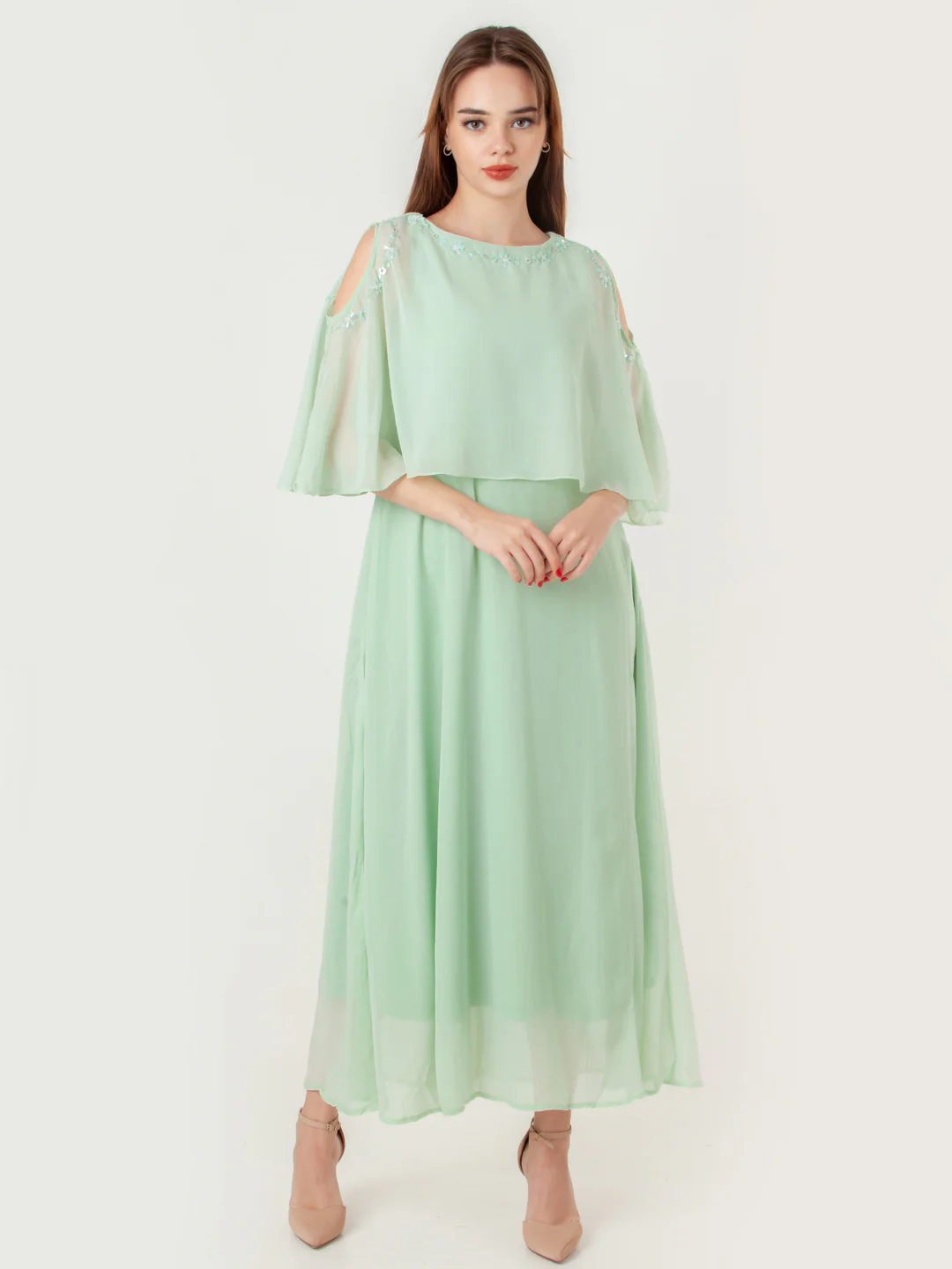 Green Embroidered Flared Maxi Dress - Image 2
