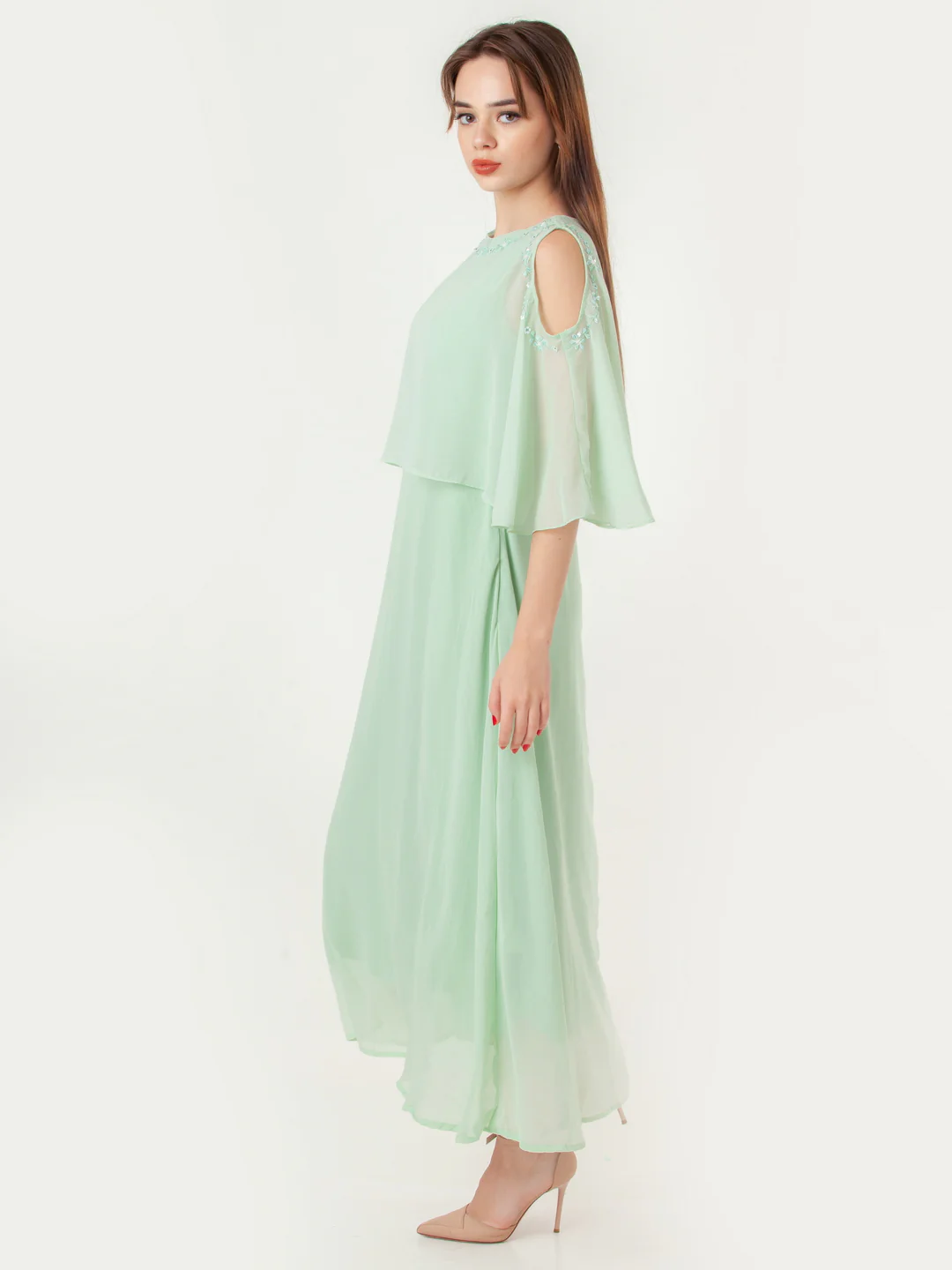 Green Embroidered Flared Maxi Dress - Image 3