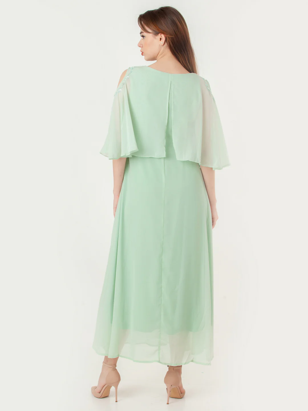 Green Embroidered Flared Maxi Dress - Image 4