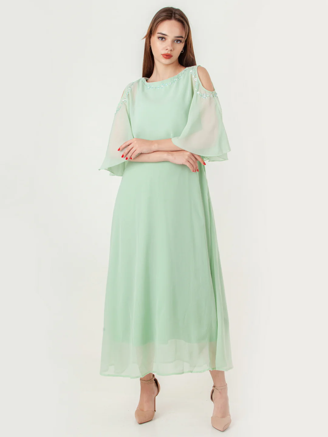 Green Embroidered Flared Maxi Dress - Image 5