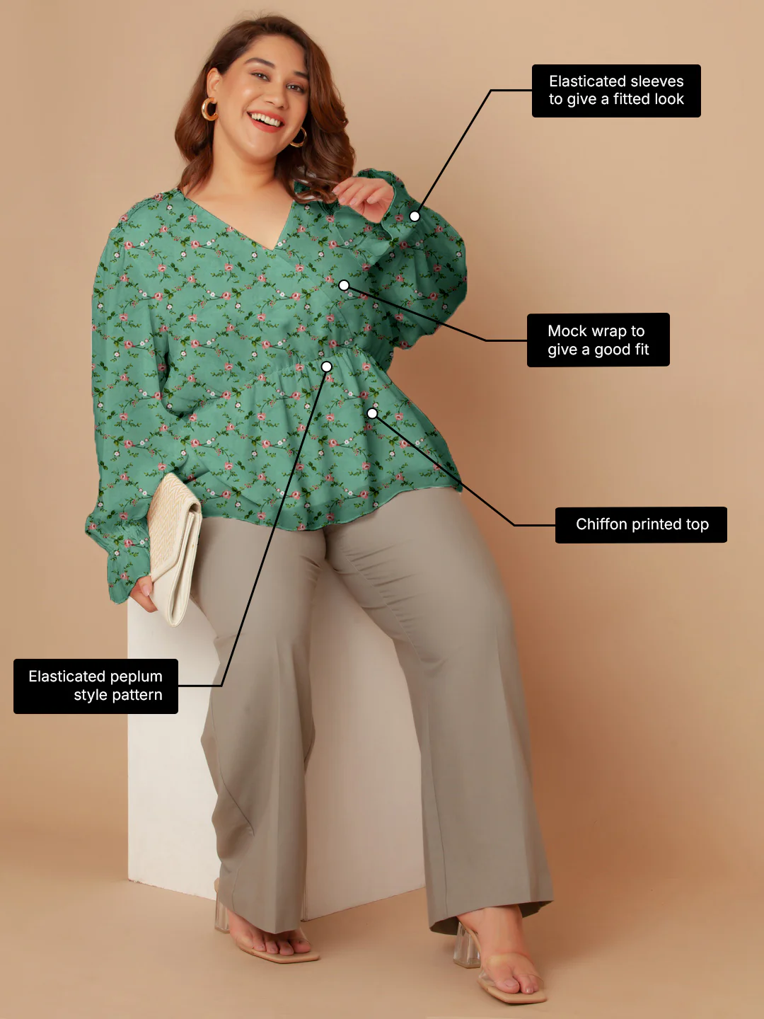 Green Floral Print Peplum Top - Image 3