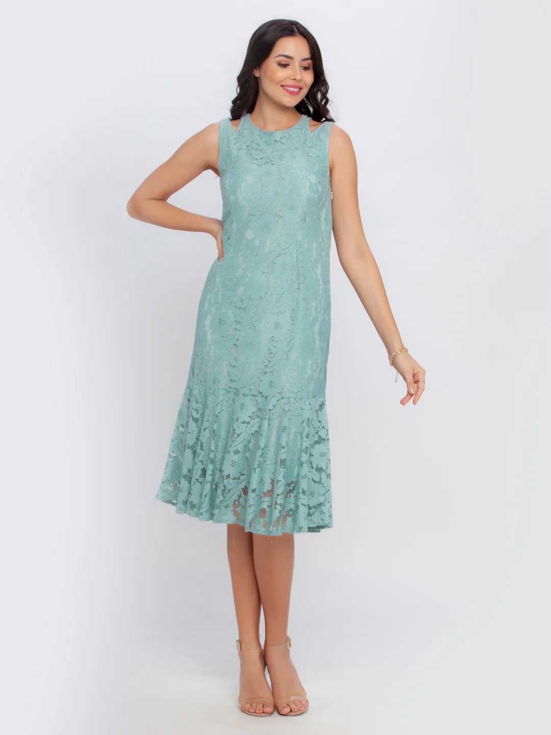 Green Lace Fitted Midi Dress - Image 2