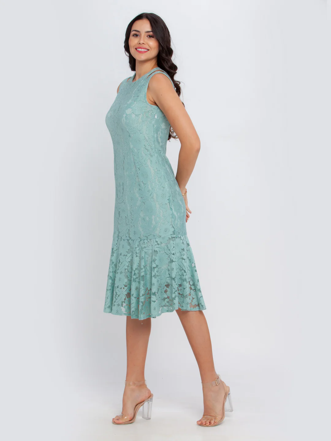 Green Lace Fitted Midi Dress - Image 3
