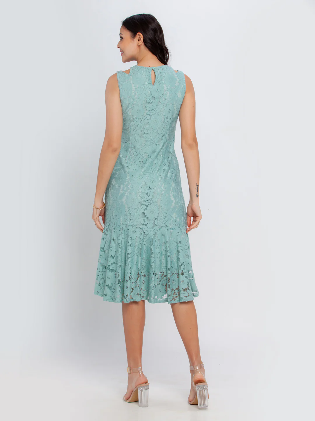 Green Lace Fitted Midi Dress - Image 4