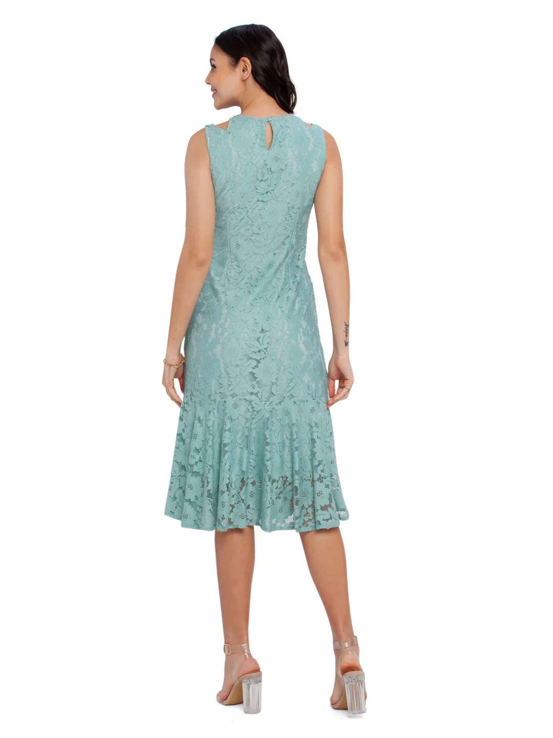 Green Lace Fitted Midi Dress - Image 5