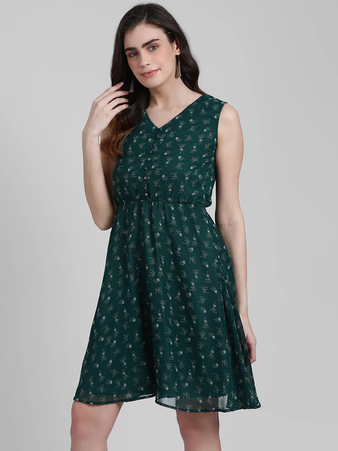 Green Printed A-Line Dress - Image 2