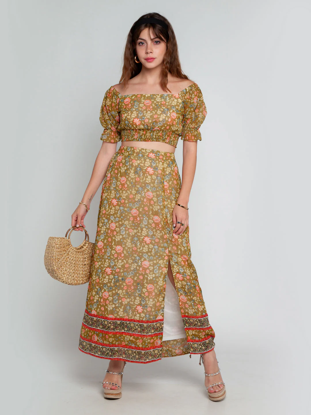 Green Floral Print A-Line Skirt