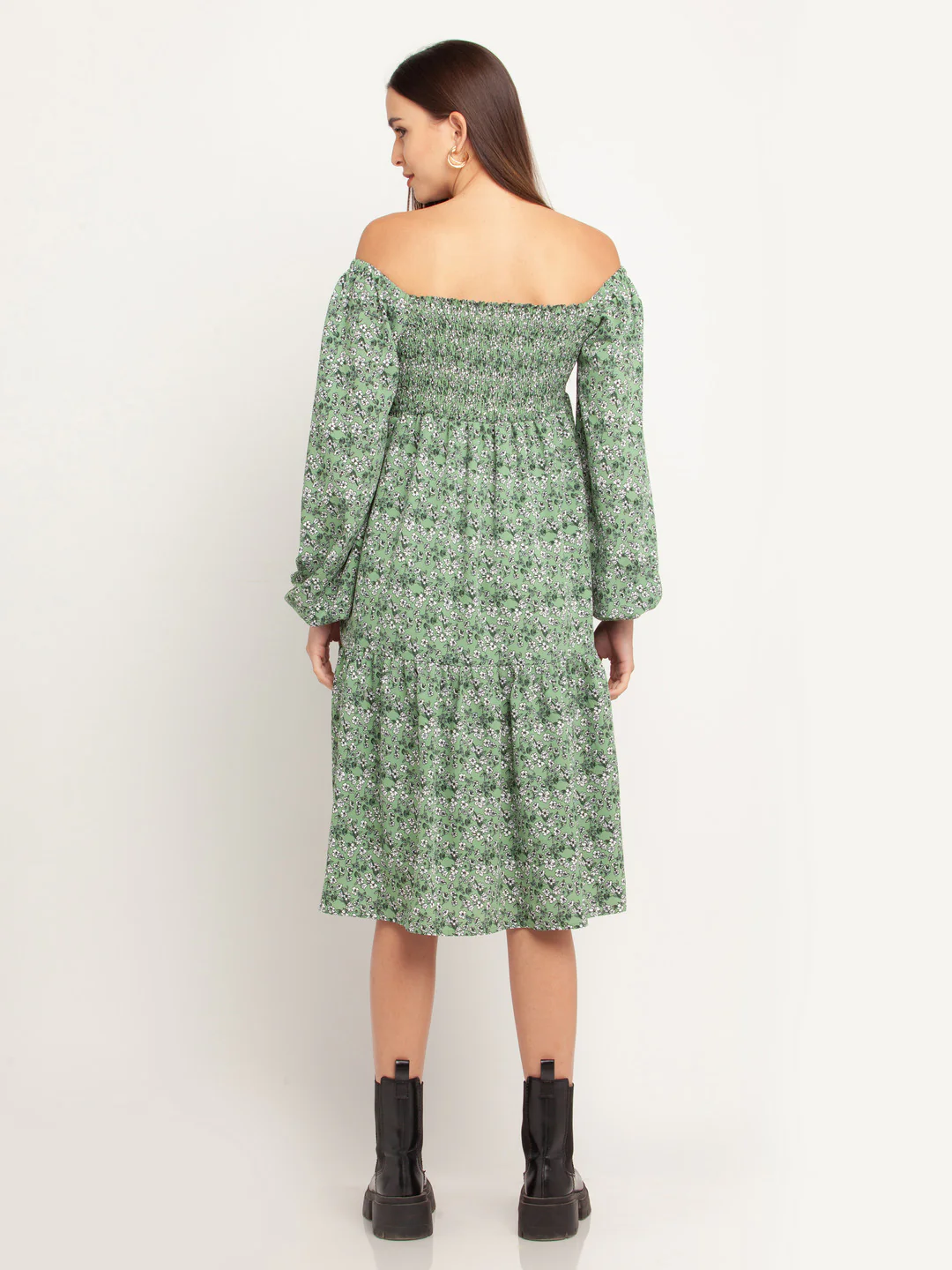 Green Printed Elasticated Midi Dress - Image 4