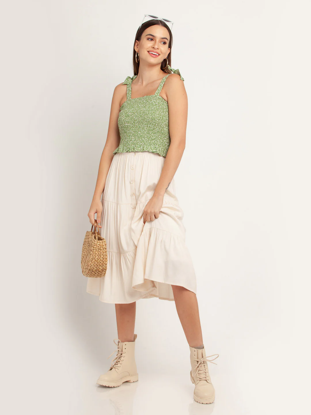 Green Printed Elasticated Top