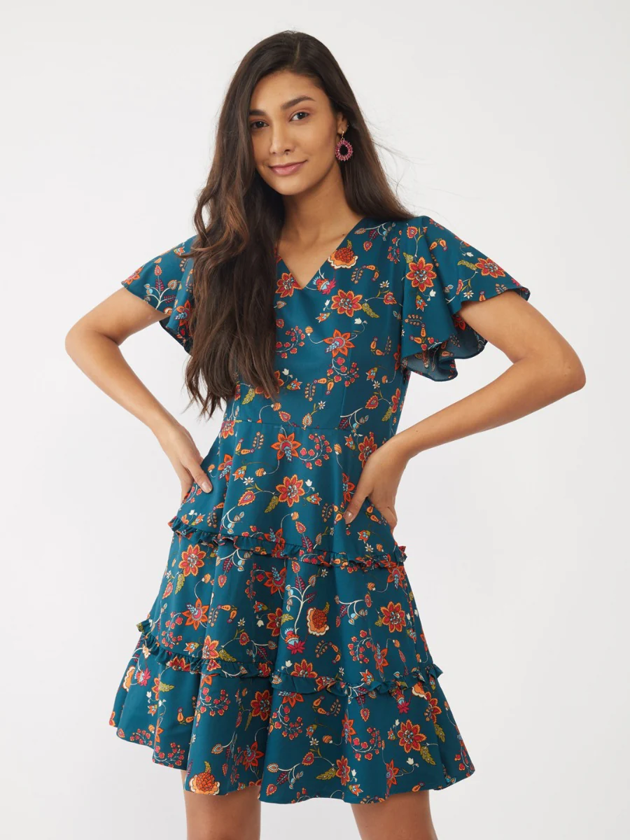 Green Printed Flared Sleeve Short Dress - Image 2