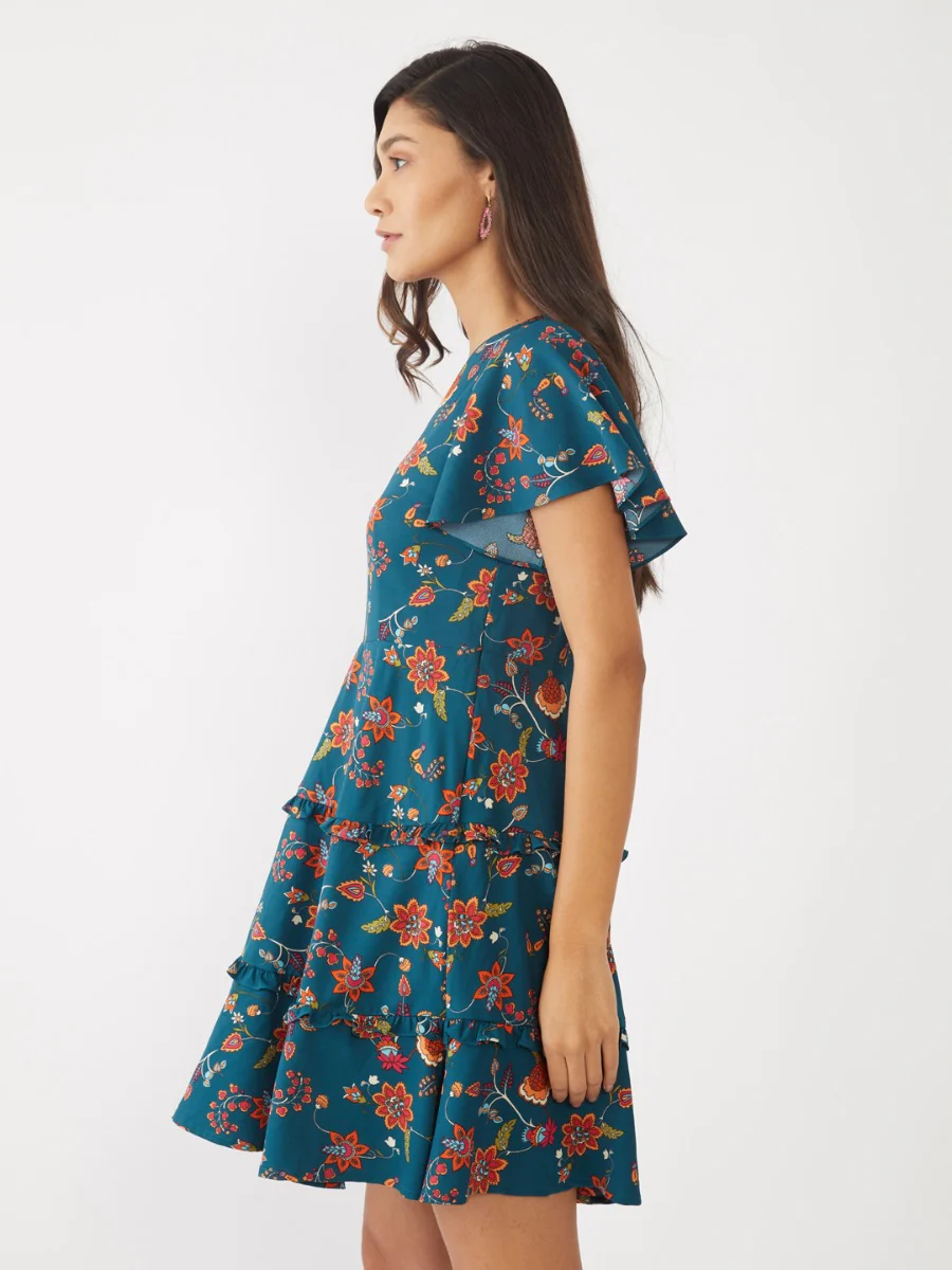 Green Printed Flared Sleeve Short Dress - Image 3