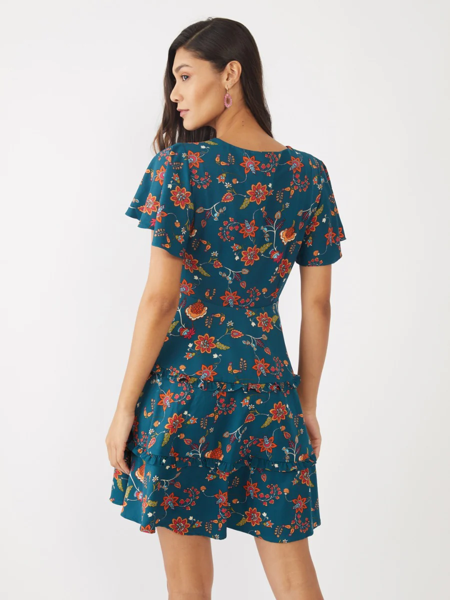 Green Printed Flared Sleeve Short Dress - Image 4