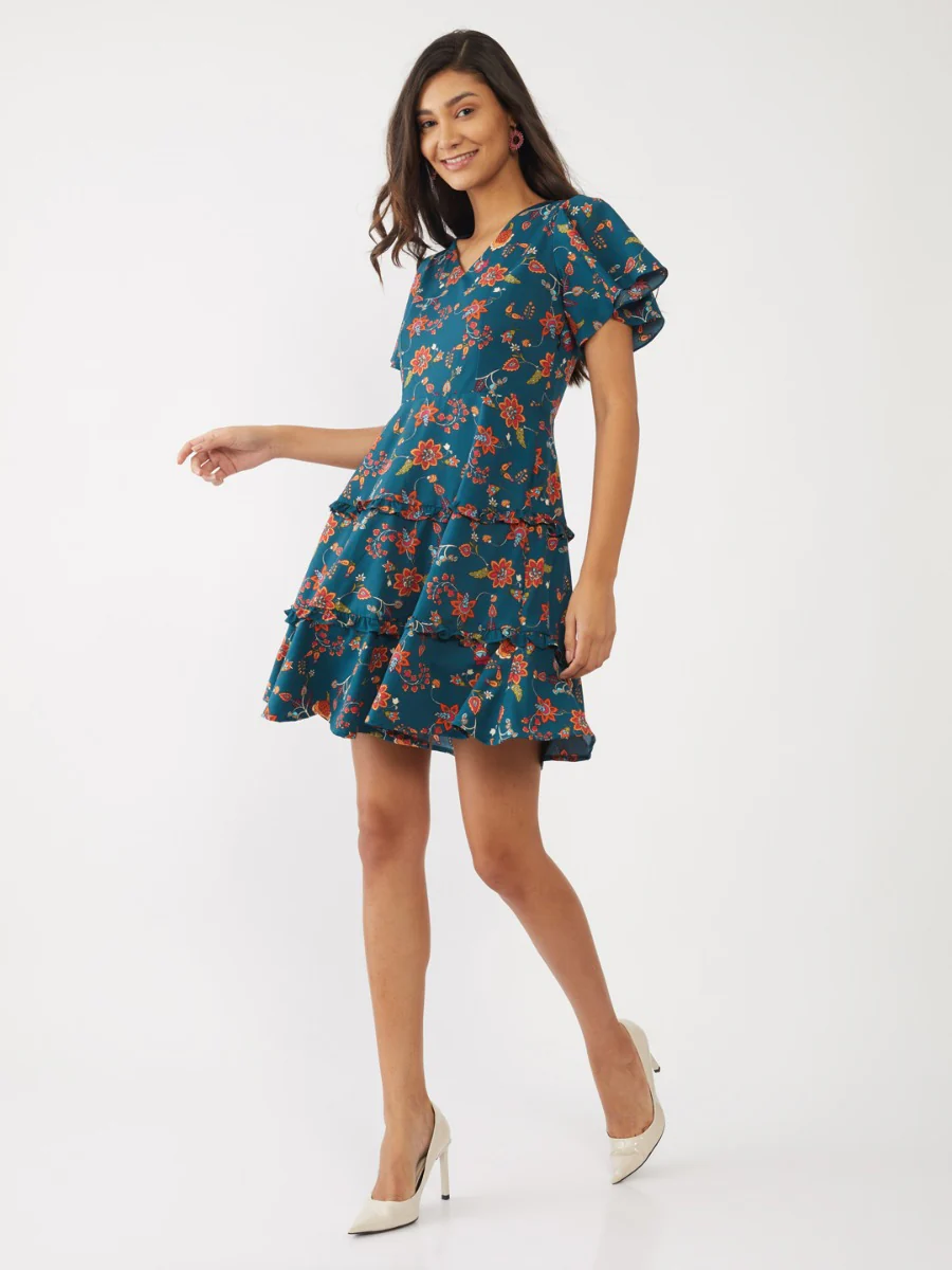 Green Printed Flared Sleeve Short Dress - Image 5