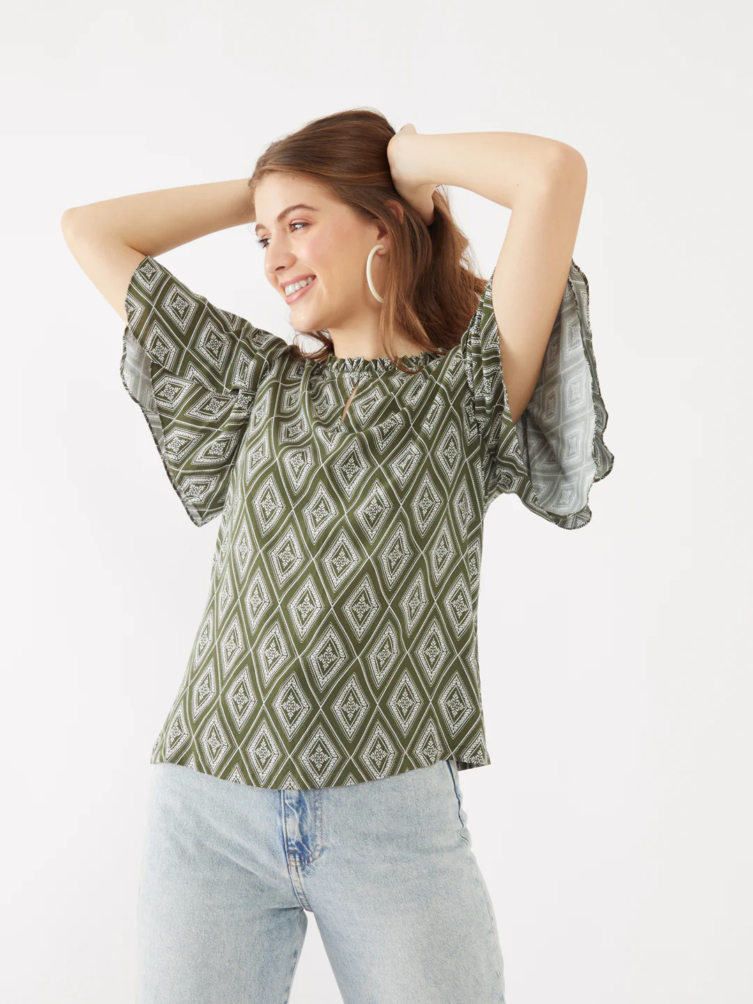 Green Printed Flared Sleeve Top - Image 2
