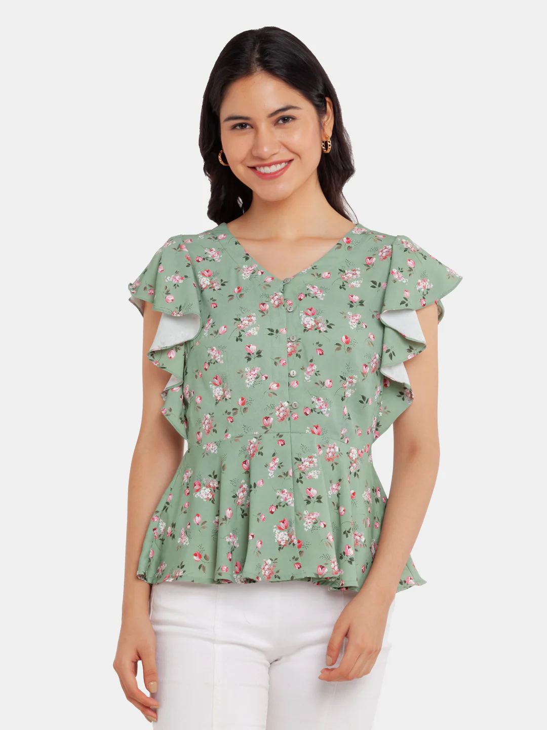 Green Printed Flared Sleeve Top - Image 2