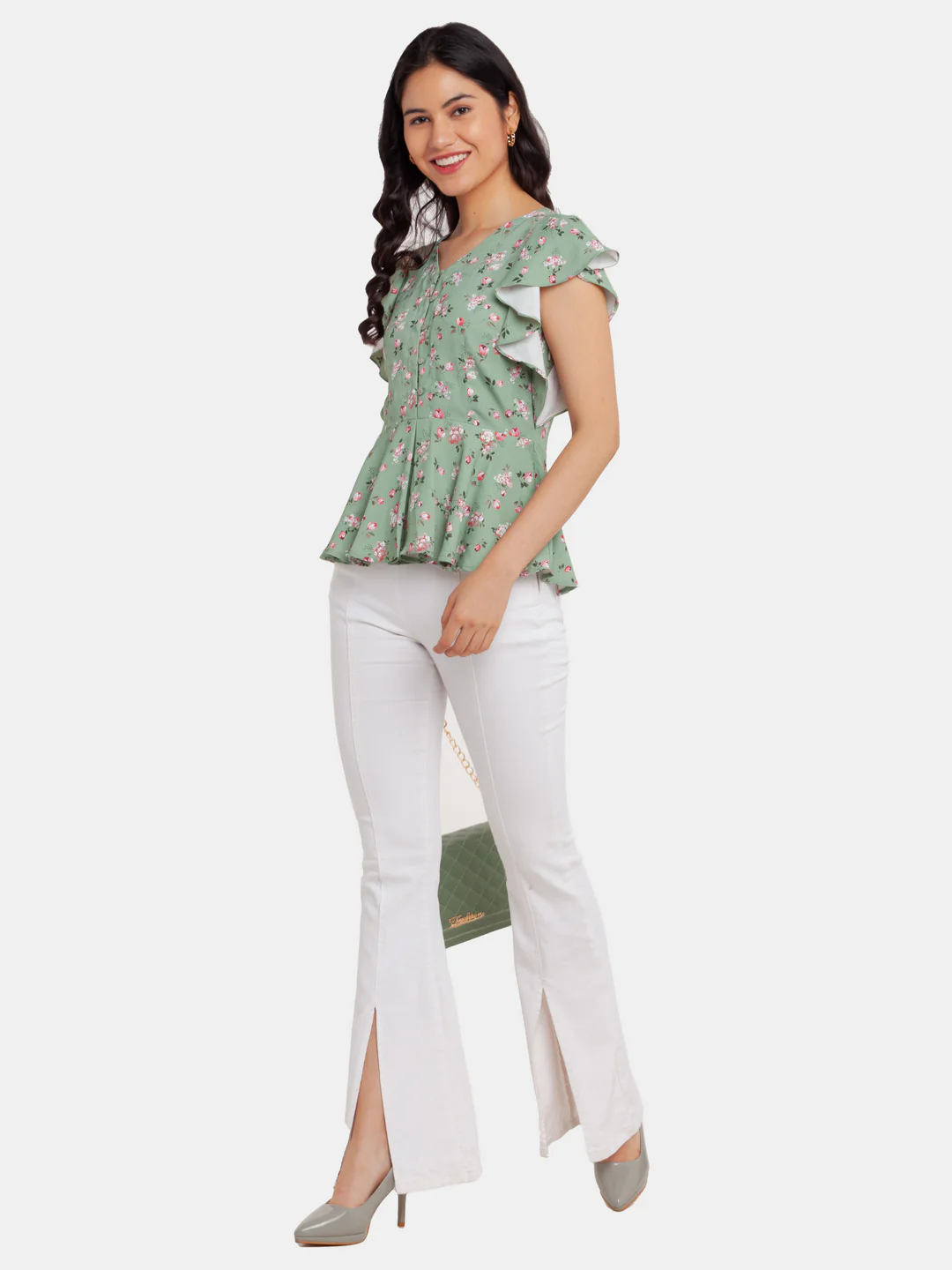 Green Printed Flared Sleeve Top - Image 5