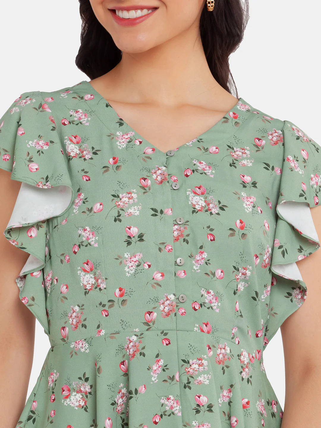 Green Printed Flared Sleeve Top - Image 6