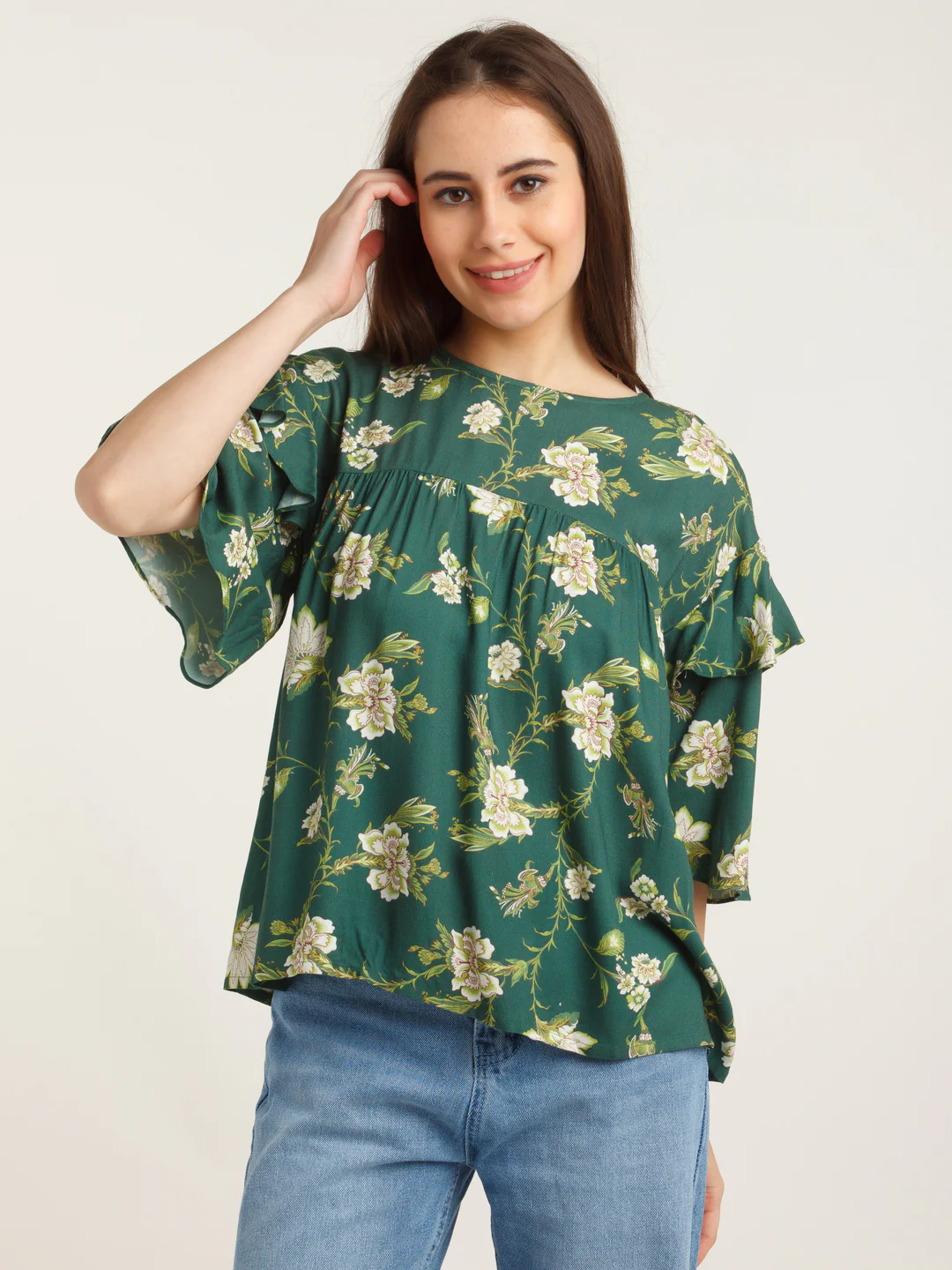 Green Printed Flared Sleeve Top - Image 2