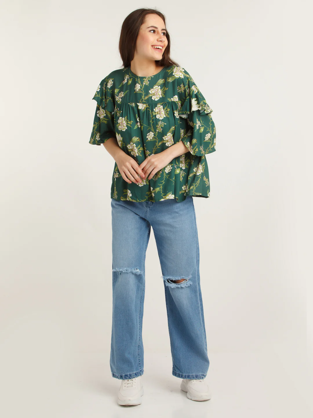 Green Printed Flared Sleeve Top - Image 5
