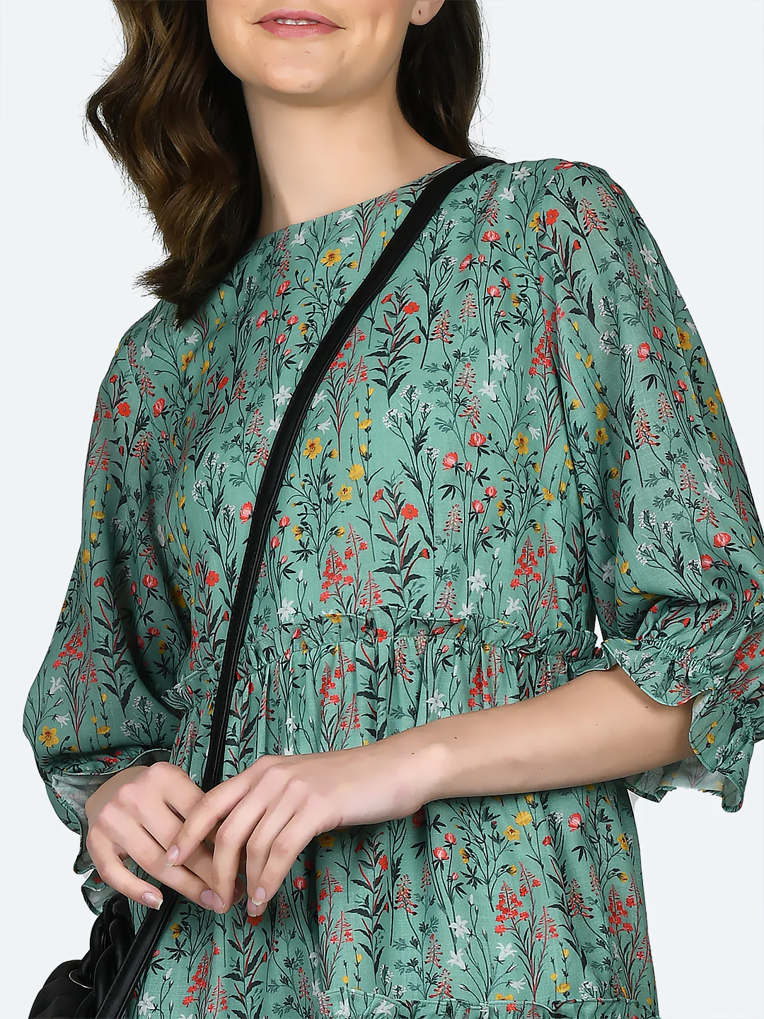 Green Printed Gathered Short Dress - Image 6