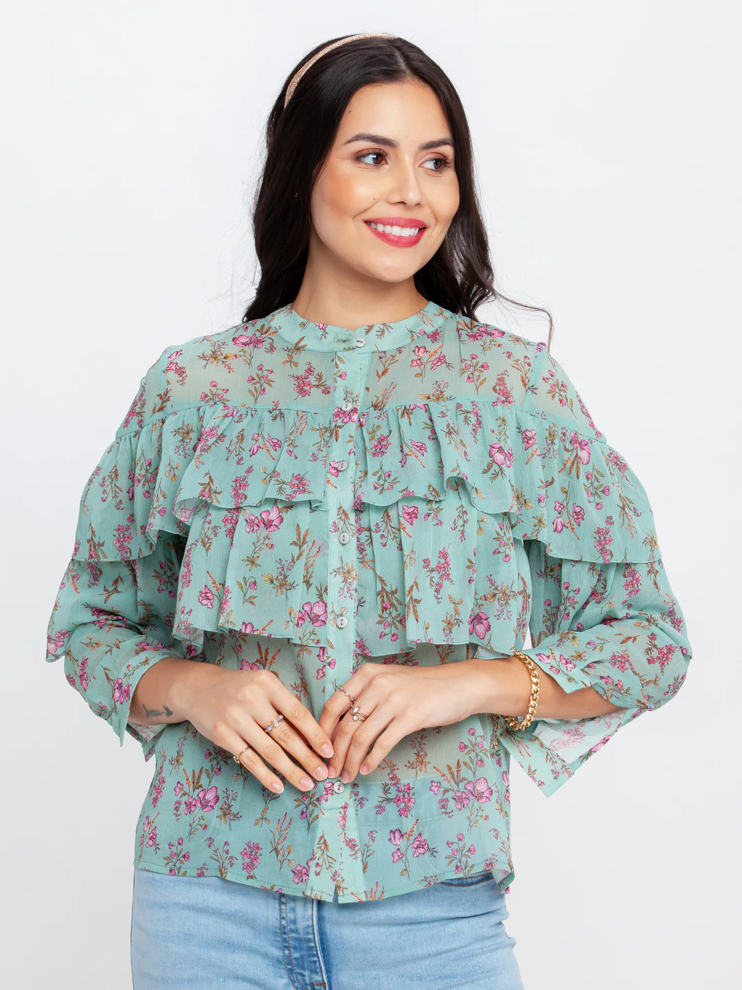 Green Printed Gathered Top - Image 2