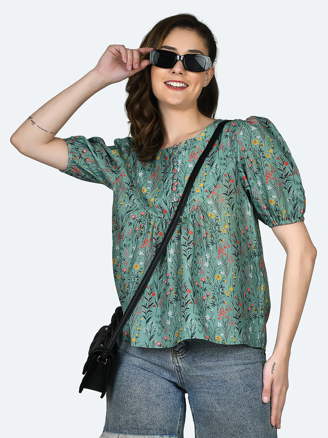 Green Printed Gathered Top - Image 2