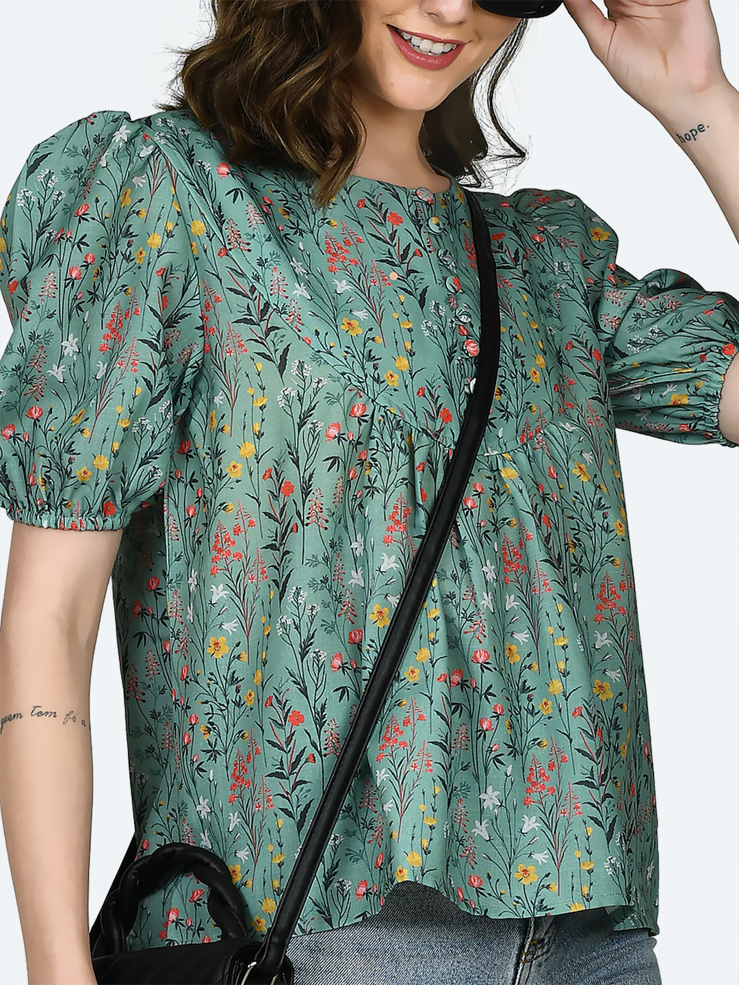 Green Printed Gathered Top - Image 6