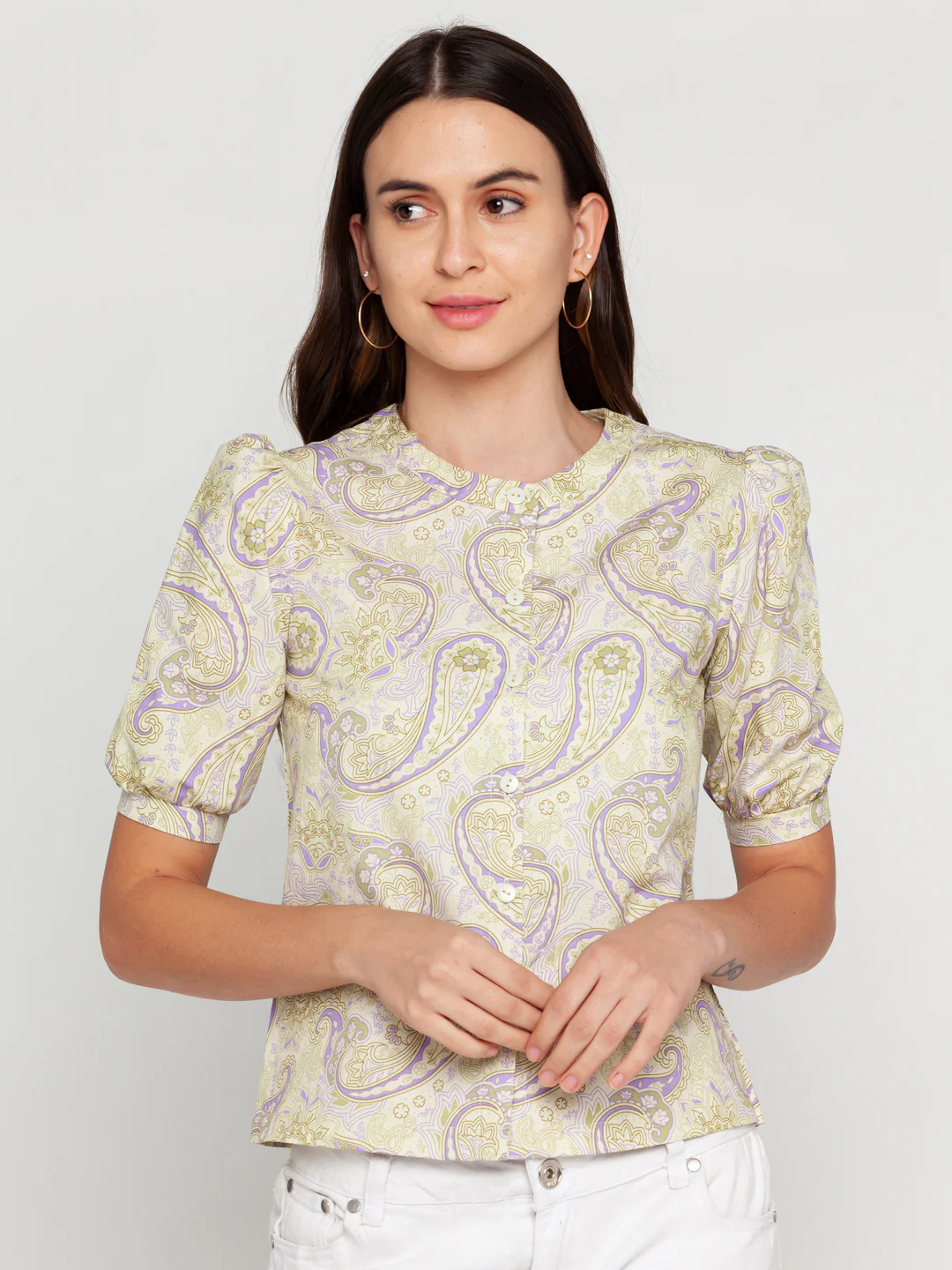 Green Printed Puff Sleeve Shirt - Image 2