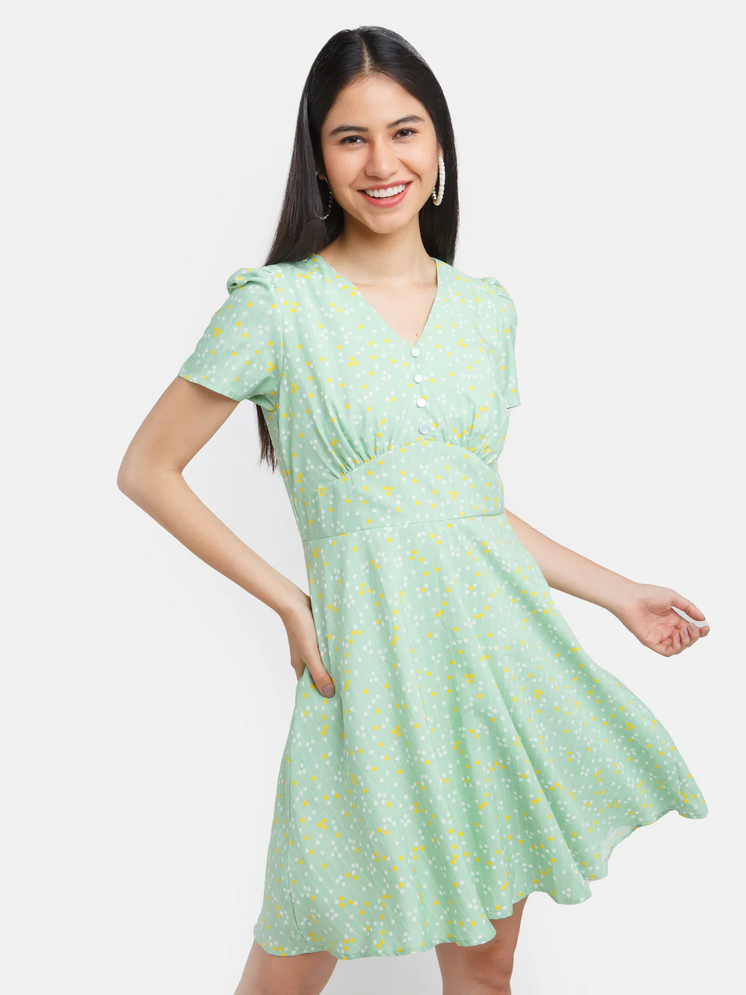 Green Printed Puff Sleeve Short Dress