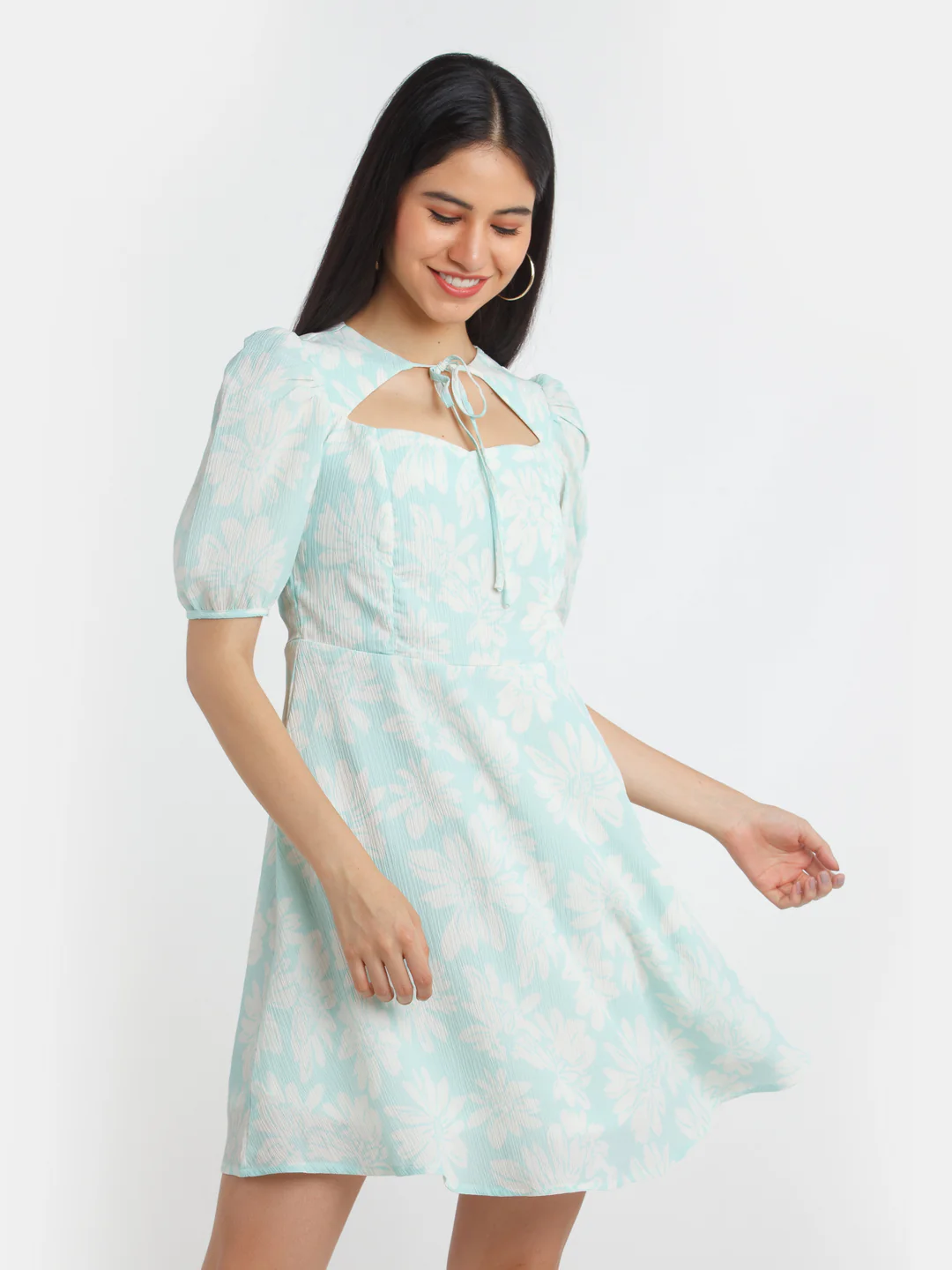 Green Printed Puff Sleeve Short Dress