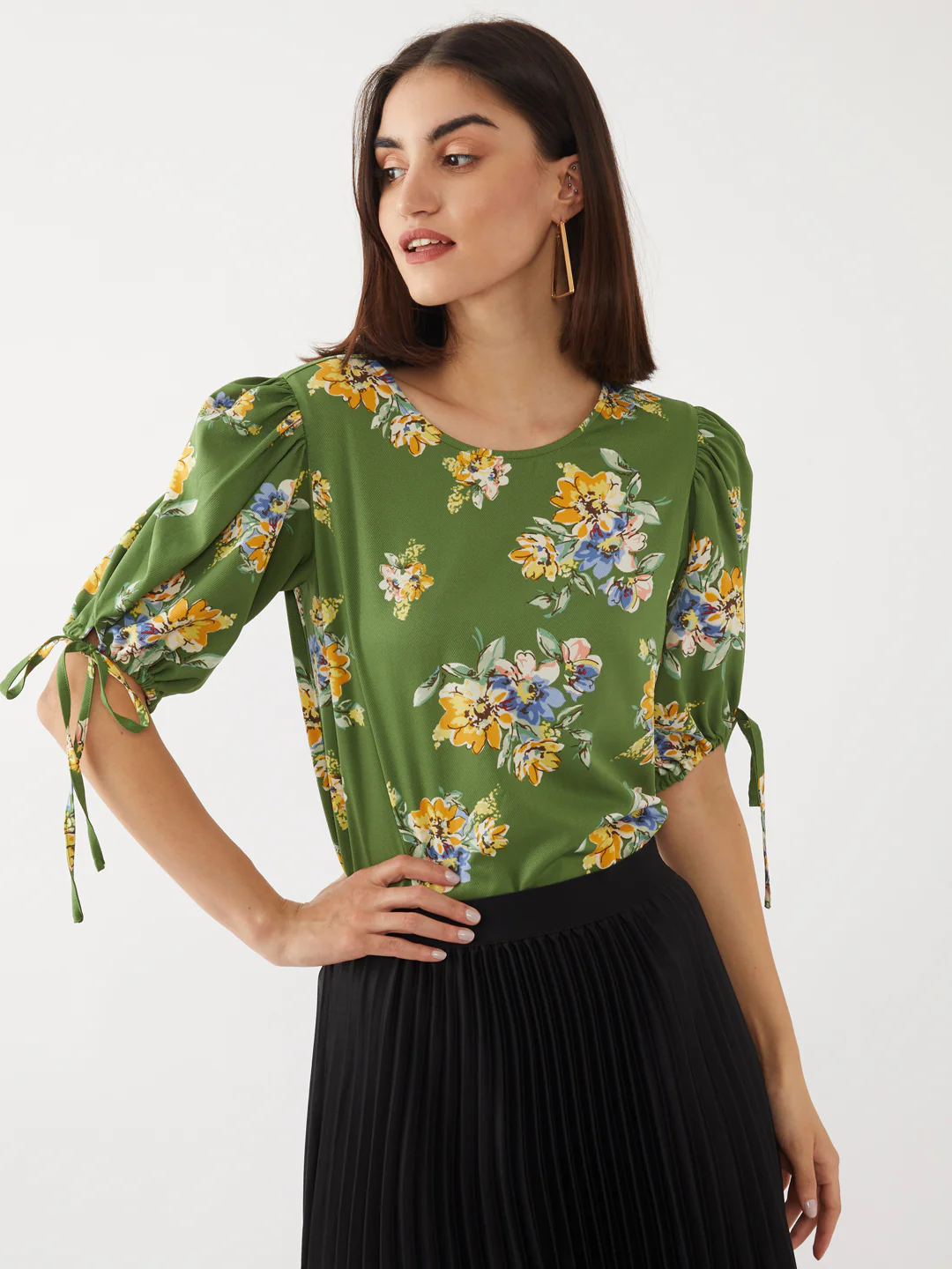 Green Printed Puff Sleeve Top - Image 2