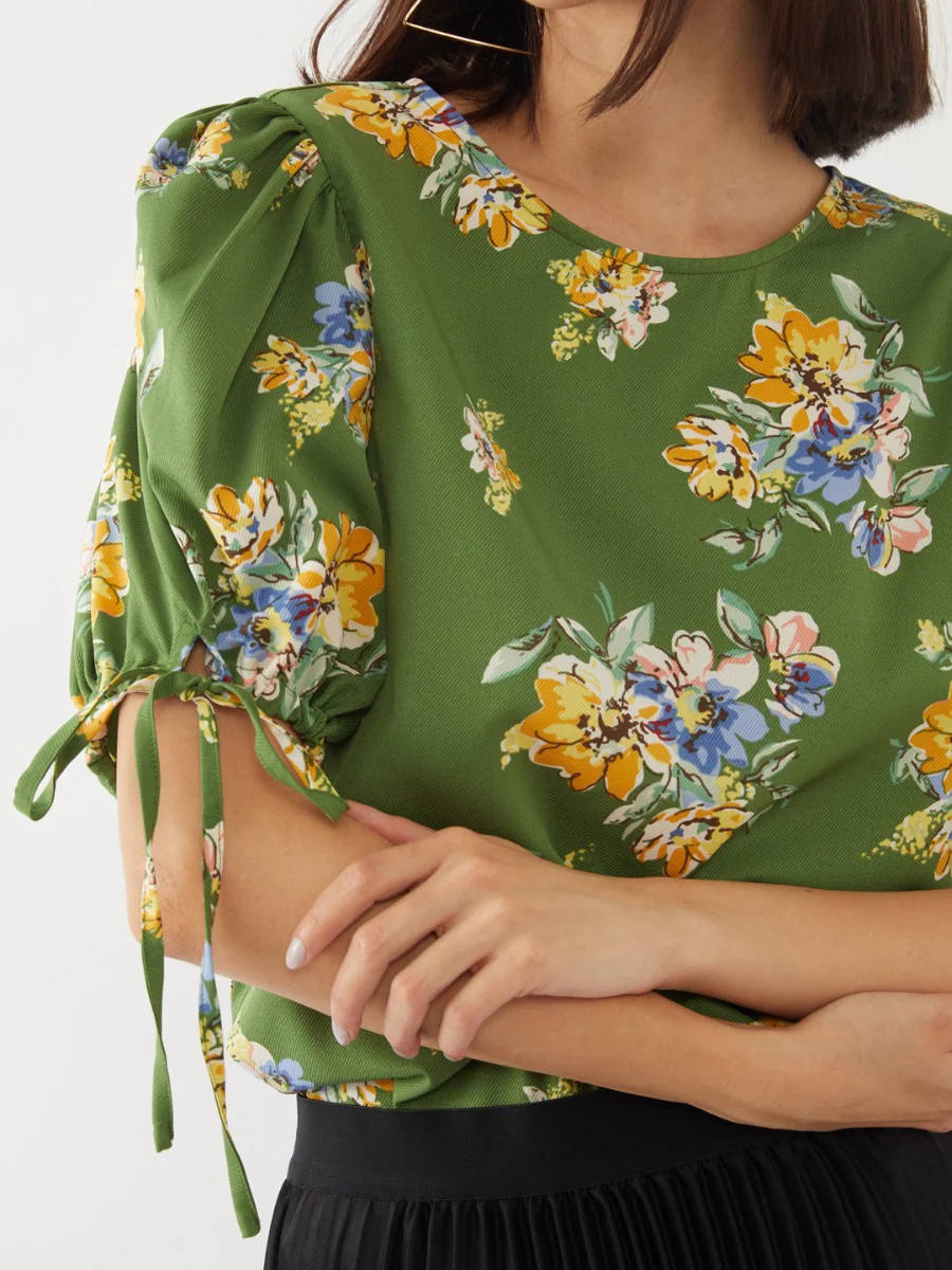 Green Printed Puff Sleeve Top - Image 3